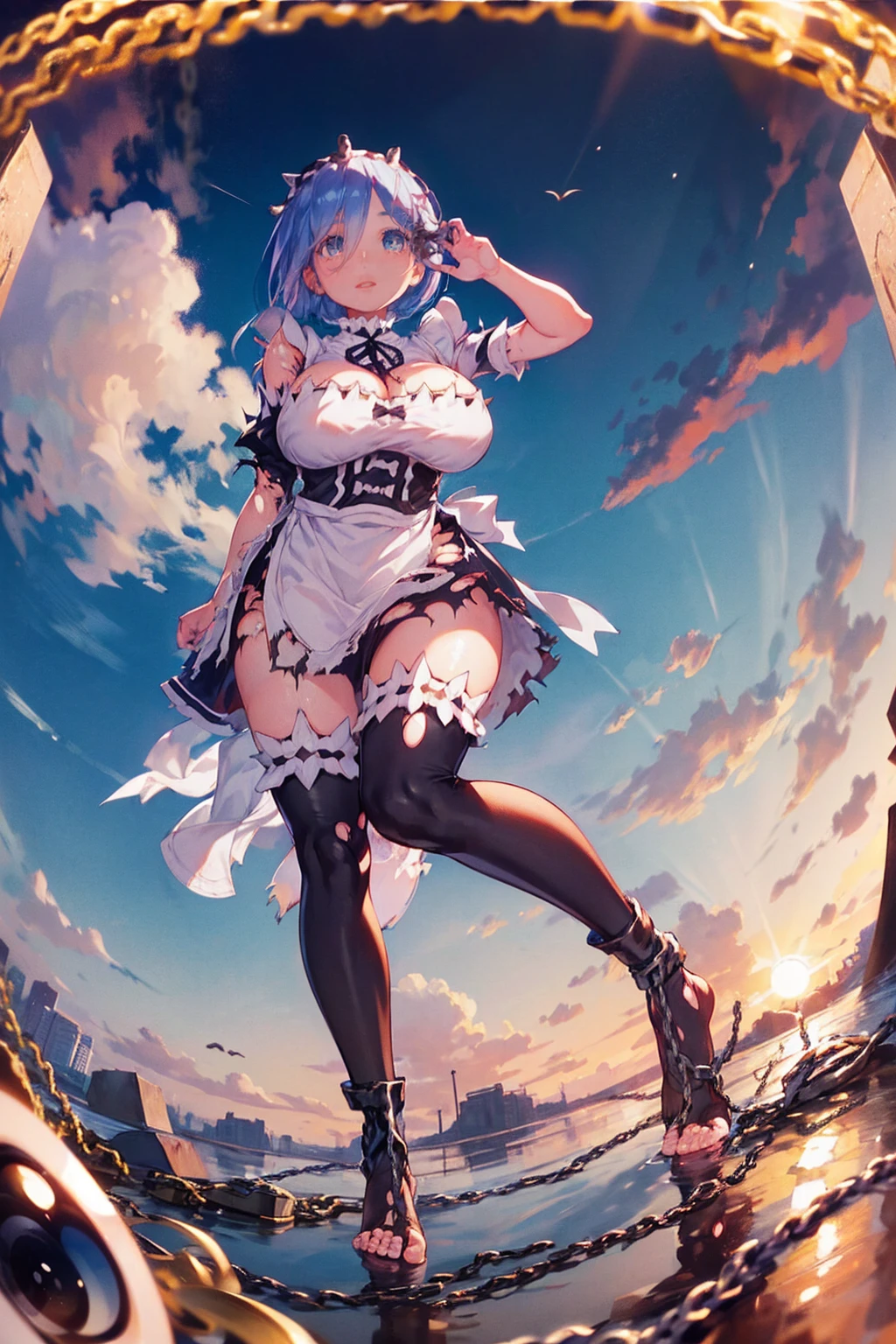 、Plump、Show your pants、Fighting Pose、Weapons Morningstar、((Underground Prison))、((The floor beneath my feet is crumbling))、((((Rem in chains)))),(((((Fisheye Lens)))))、((((Super huge breasts))))、(((Plump thighs)))、(((Rem from Re:Zero)))、looking at the camera、High qualityHigh quality、8ｋ、(((((Full body description)))))、Chest、Fantastic、(((((Torn maid uniform)))))、looking at the cameraで、barefoot、((((((Tall Rem))))))、Sweat splashes、Clothes are ripped off,(Torn knee-high socks)、