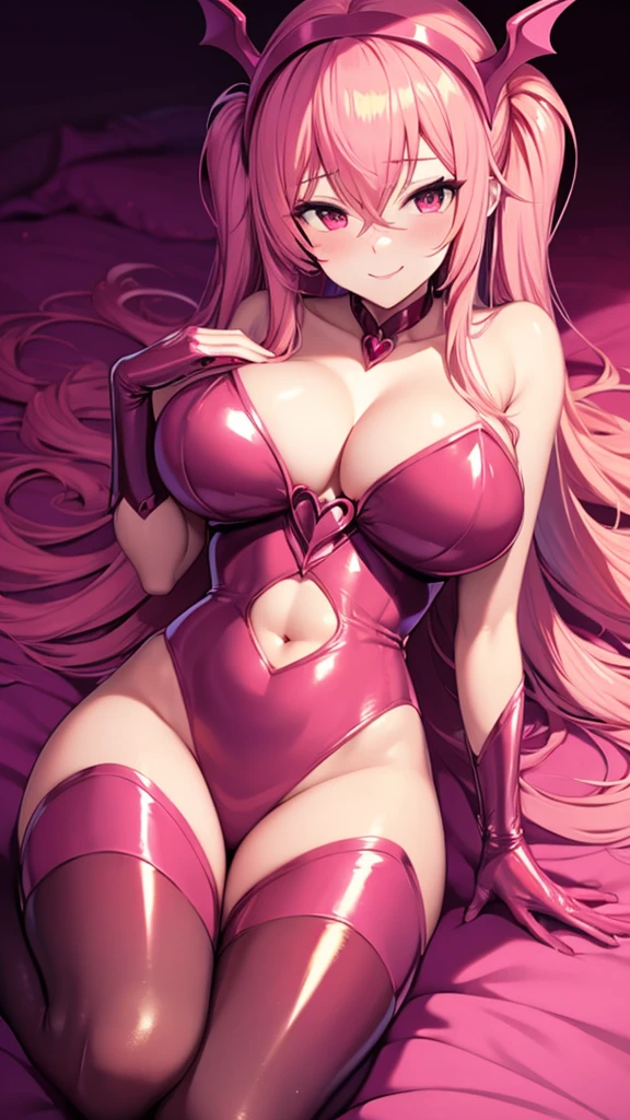 Erotic Tall busty adult married woman, female executive in shiny pink rubber suit, red heart on black background, bedroom, dark theme, evil, temptation, excitement, condescending smile, sexy pose, upper body emphasis, lying on man, angle from below, bat wings, succubus, hands on chest
