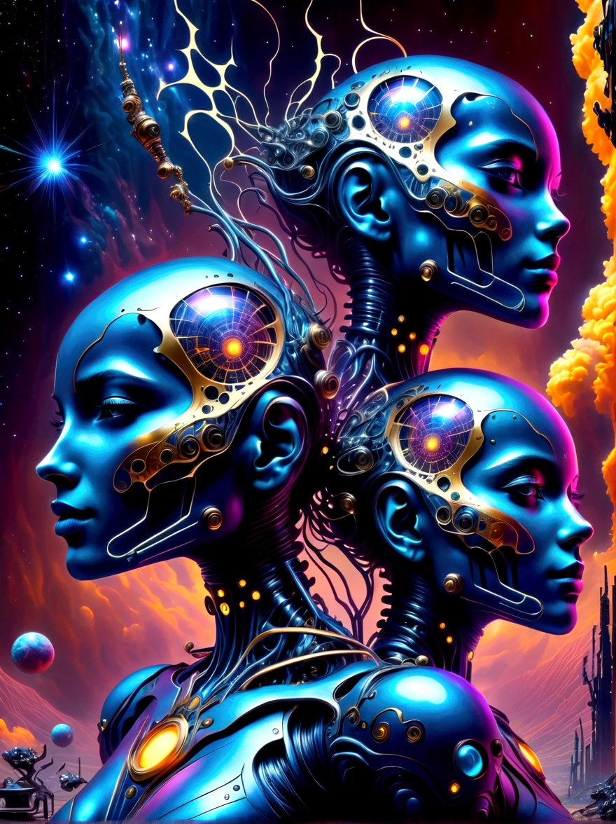 Imagine an intriguing sci-fi scene wherein entities from two distinct universes collide. Visualize futuristic soldiers with advanced armor and biotic abilities, reminiscent of the series 'Universal Impact'. Their armor is a vibrant mix of blues and blacks, with neon stripes indicating officer ranks. They are tangling with chilling, mutated creatures from a universe known only as 'Lifeless Territory'. These ominous beings are a nightmarish blend of organic and mechanical elements, with sharp, angular limbs. The backdrop is a cosmos speckled with distant stars and an ominous, derelict spacecraft hovering nearby.