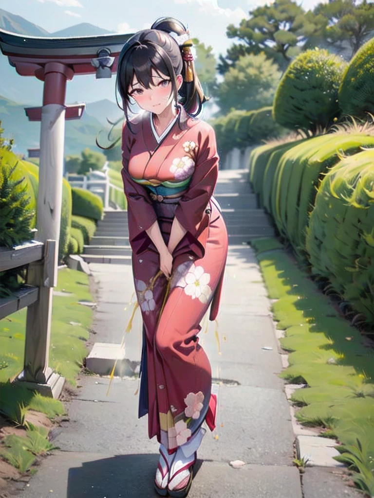 nsfw, (masterpiece, top quality, best quality, highly detailed:1.6), extremely detailed CG unity 8k wallpaper, (1 woman standing on the shrine, outdoor, Pastel Colors kimono:1.5), (Maxi Length), strong facial expression, (sharp eye:1.2), (scowl:1.1), (embarrassed,blush:1.3), (steam:1.5), (wet:1.1), (sweat:1.1), (trembling:1.3), (parted lips:1.4), (harf open eyes:1.5), (feeling weak:1.5), (shoot from front, looking at viewer:1.2), (leaning forward,close knees, hands between legs, pee running down legs:2), (((clutching crotch))), Sandals, (long hair, Brown hair, low ponytail:1.4), (woman trembling with sexual climax:1.5), colorful, full body, wide shot, perfect composition, (Crossing legs, Touching the crotch:1.7), urination, incontinence, piss, peeing self, A lot of pee, pee running down legs, (((pee stream))), (pee puddle), wetting herself, peeing, blush, trembling, embarrassed, large breasts, Yellow pee, ((leaking pee)), Shaking one's shoulders, Breaking a sweat on forehead, puddle of pee, Pee at your feet, Pee spread on the floor, (Pee stains), Feet wet from pee, Pee-covered feet, Pee at your feet, want to pee, about to pee, Full bladder, Pee-soaked kimono, Pee-soaked ankle socks, Pee-soaked sandasls, natural makeup,