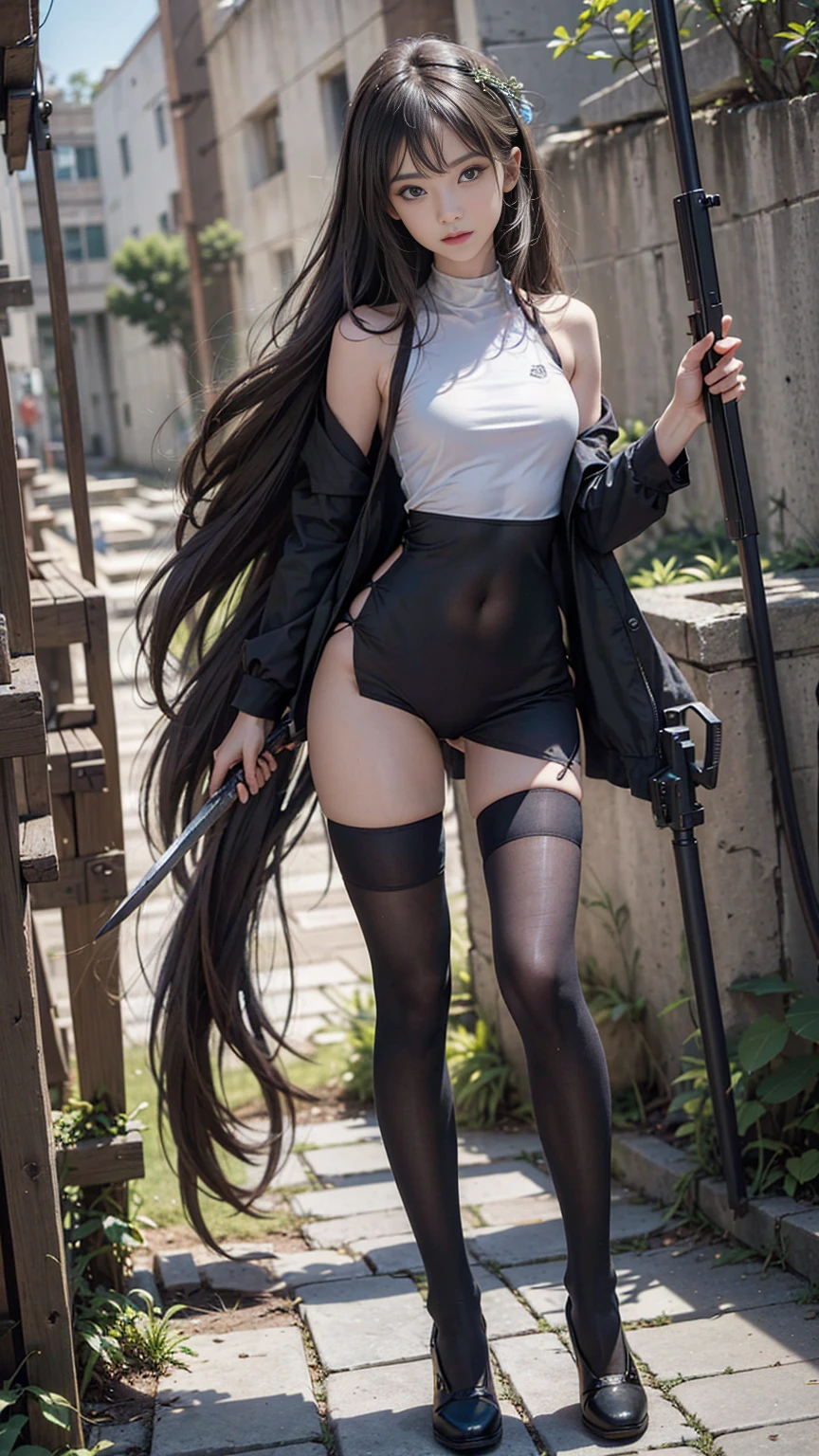 ((A serious race in the ruins of a city)), ((Assassination Costume)), (((Use a hidden weapon))), (whole body), The tension is palpable, I feel like killing someone., Deadly Secret Stance, (beautiful girl, baby face:1.3, Idol face), (Small and slender body:1.2), (Slender body lines), (Beautiful breasts:1.2), (Little beautiful ass), (Thin thighs), (Tight waist), (best quality, 8K, masterpiece:1.2), (Detailed eyes and face:1.3), (Detailed hands), (Reality:1.4), (Professional photography techniques, Cinema Lighting), (View Viewer:1.3), ((Serious expression)), (Perfect anatomical structure:1.3)
