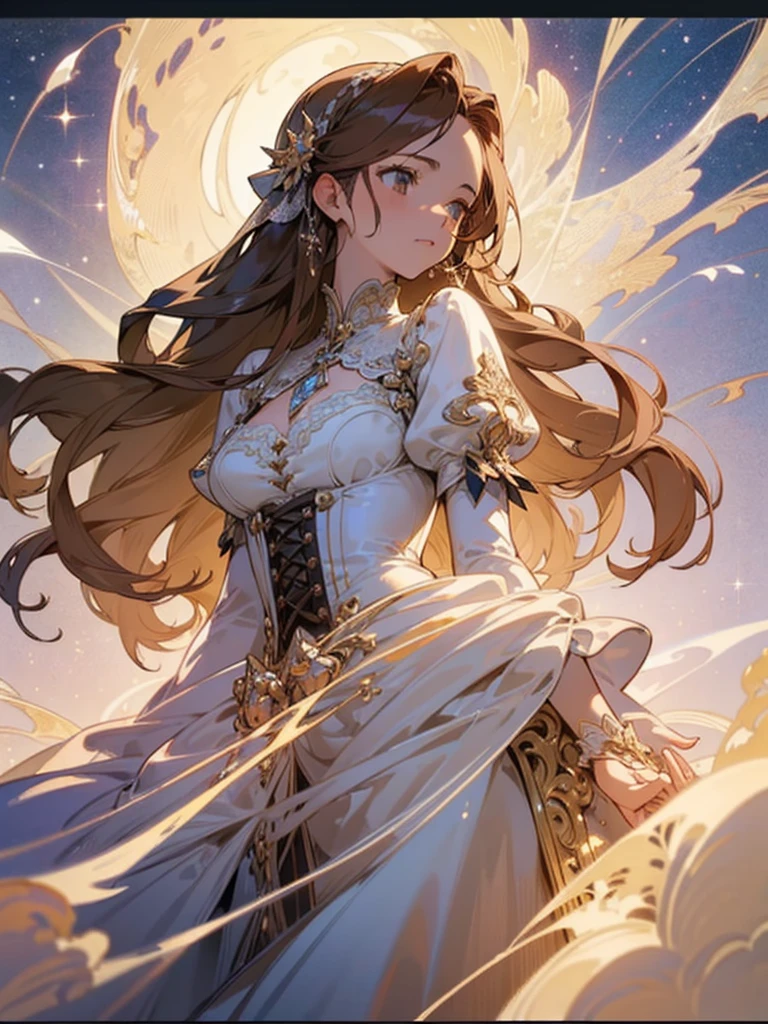 (1girl:1.3), cinematic light, solo, breasts, Renaissance Lace-Up Bodice Dress,  silky long hair, (brown) hair, (masterpiece, top quality, best quality, official art, beautiful and aesthetic:1.3), extreme detailed,highest detailed,(ultra-detailed),((an extremely delicate and beautiful)),starry sky,from below