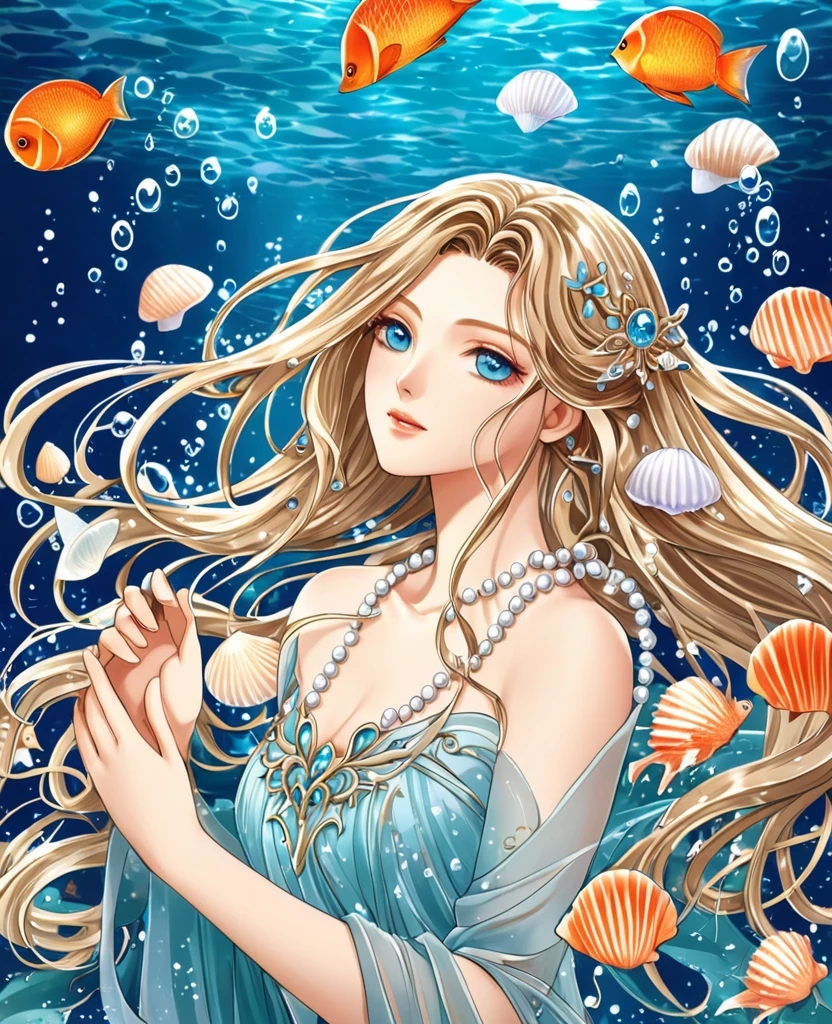 "Create an anime-style close-up artwork of a fantasy girl with detailed, high-quality eyes. She has long, flowing hair with seaweed-like accents and wears an elegant, enchanted dress adorned with shells and pearls. Her eyes should be the focal point, shimmering with magic and reflecting the ethereal light of an underwater realm. The background should hint at an underwater kingdom, with blurred images of vibrant coral reefs, sparkling bubbles, and mystical sea creatures, keeping the focus on her serene and otherworldly expression."