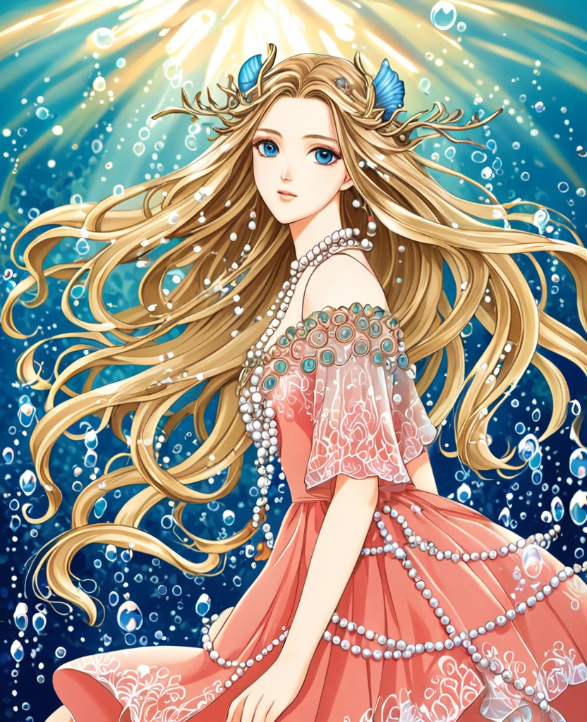 "Create an anime-style close-up artwork of a fantasy girl with detailed, high-quality eyes. She has long, flowing hair with seaweed-like accents and wears an elegant, enchanted dress adorned with shells and pearls. Her eyes should be the focal point, shimmering with magic and reflecting the ethereal light of an underwater realm. The background should hint at an underwater kingdom, with blurred images of vibrant coral reefs, sparkling bubbles, and mystical sea creatures, keeping the focus on her serene and otherworldly expression."