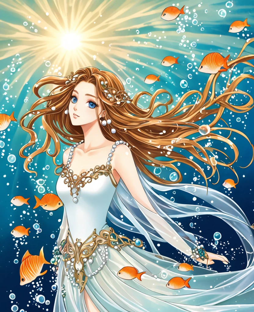 "Create an anime-style close-up artwork of a fantasy girl with detailed, high-quality eyes. She has long, flowing hair with seaweed-like accents and wears an elegant, enchanted dress adorned with shells and pearls. Her eyes should be the focal point, shimmering with magic and reflecting the ethereal light of an underwater realm. The background should hint at an underwater kingdom, with blurred images of vibrant coral reefs, sparkling bubbles, and mystical sea creatures, keeping the focus on her serene and otherworldly expression."