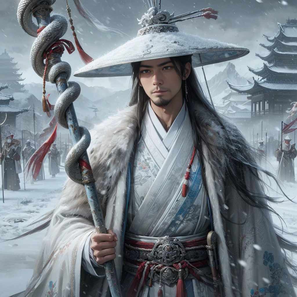 (Masterpiece:1.2), (Best Quality:1.2), (high resolution:1.2), (beautiful face and eye:1.2), (sharpest focus:1.2), (Ultra-realistic Photo:1.2), (Ultra-precise Photo:1.2), (Depth of field:1.2), (perfect anatomy:1.2), (nice hands:1.2),
(perfect hands:1.2), (five fingers:1.2), (Young, fearless, beautiful, shady Chinese man:1.0), (Lonely Chinese warrior with spear:1.0), (Neatly trimmed short beard and tied hair:1.0), (Blazing Chinese period drama style fortress:1.0),
(long spear with serpentine blade and ornate decoration:1.0), (white tsubakuhiro cap and cloak:1.0), (white armor with red, blue, and yellow coloring:1.0), (snowstorm:1.0), (melancholy expression:1.0), (picturesque standing figure:1.0),