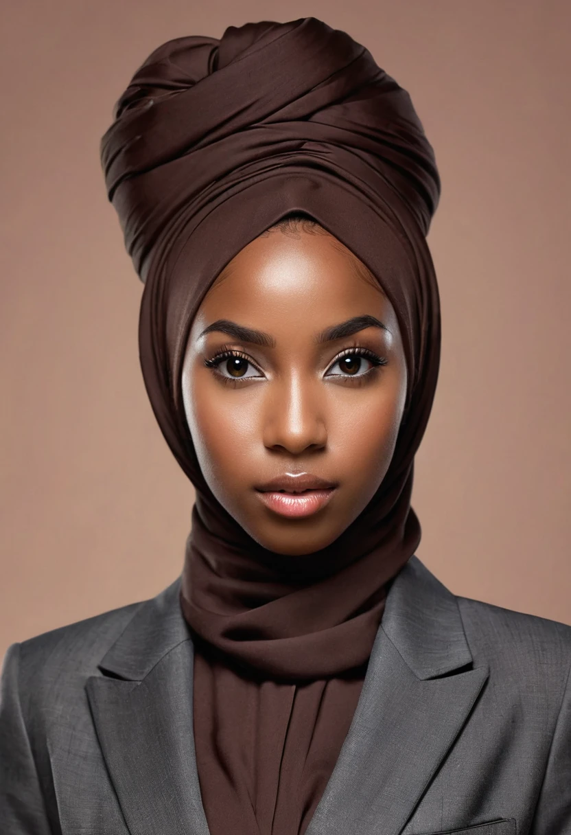 realistic:1.2, realistic, african american young lady, looking super cute, wearing suit, wearing hijab, dark skin color, serious face
