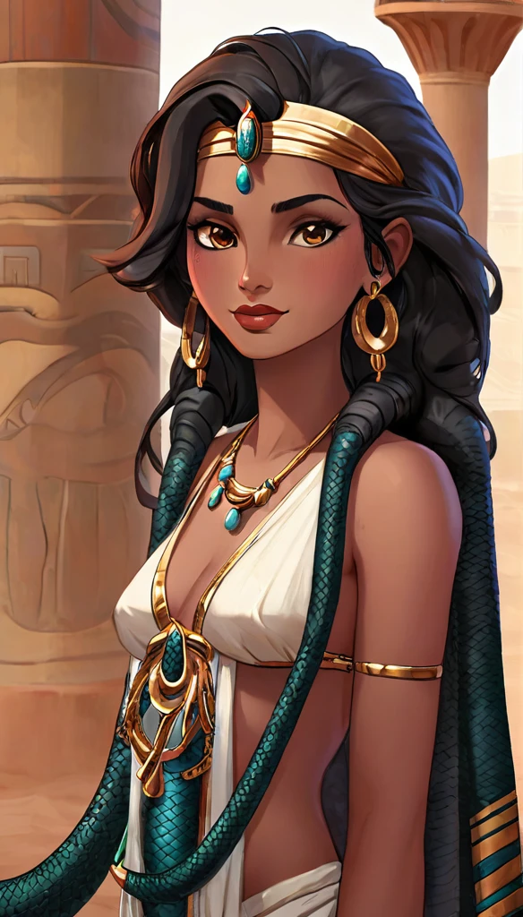 Femme de 30 ans, égyptienne, corps généreux , a l'Égypte antique, avec une très forte poitrine, a la peau de serpent, dans un temple égyptien, porte une robe rouge et maron couleur sable, moule le corps, vêtements transparent, femme avec de long cheveux raide noirs orné de nombreux bijoux, la femme est très enceinte de serpent, sa poitrine est gonflé de lait, la femme a des crochets de serpent visible lorsqu'elle sourit, la femme a des yeux doré a pupilles reptilienne, la femme et une femme serpent