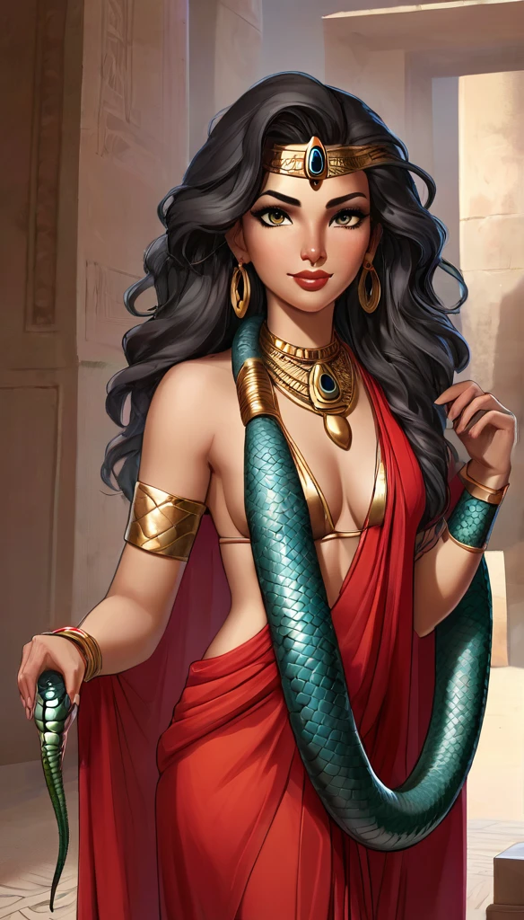 Femme de 30 ans, égyptienne, corps généreux , a l'Égypte antique, avec une très forte poitrine, a la peau de serpent, dans un temple égyptien, porte une robe rouge et maron couleur sable, moule le corps, vêtements transparent, femme avec de long cheveux raide noirs orné de nombreux bijoux, la femme est très enceinte de serpent, sa poitrine est gonflé de lait, la femme a des crochets de serpent visible lorsqu'elle sourit, la femme a des yeux doré a pupilles reptilienne, la femme et une femme serpent