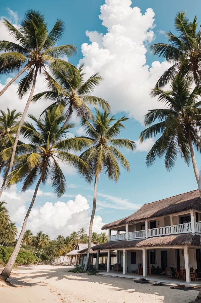 A house on a beach, with coconut trees, in a late afternoon, with people walking on the beach