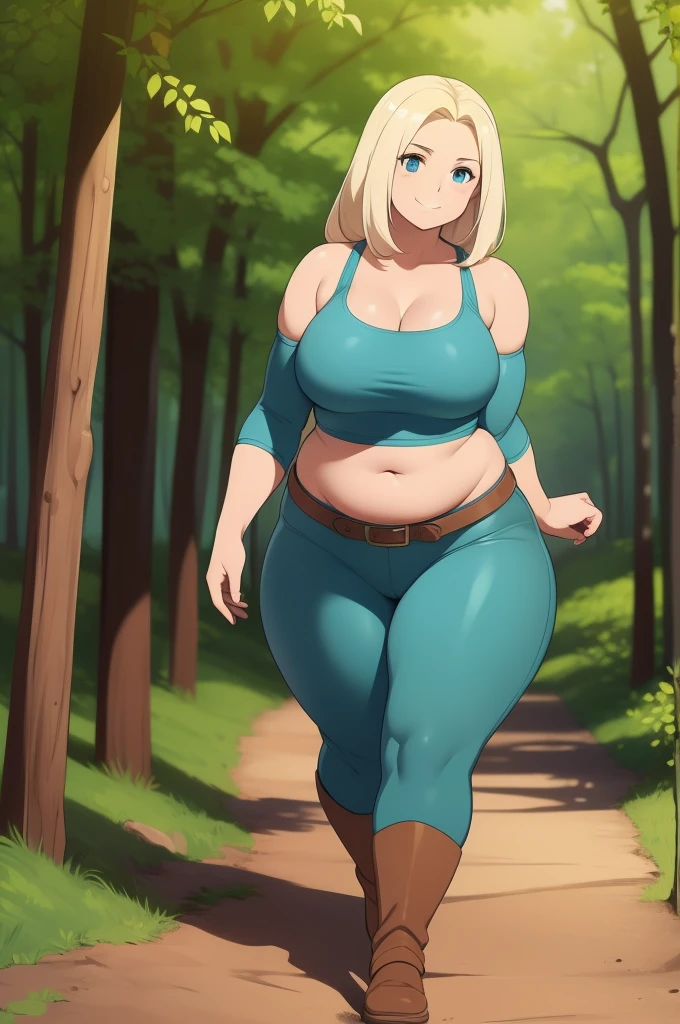 1woman, adventurer, medieval, walking through the forest , smiling, curvy, soft midriff, squishy midriff. squishy, soft. chubby midriff. squishy soft waist.