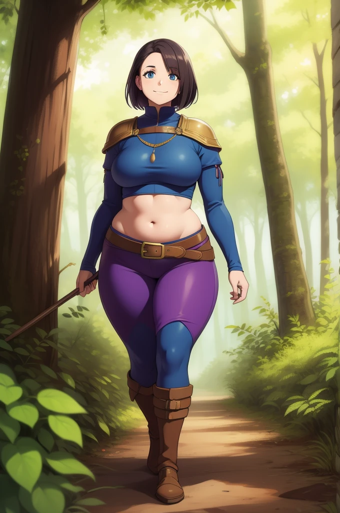 1woman, adventurer, medieval, walking through the forest , smiling, curvy, soft midriff, squishy midriff. squishy, soft. chubby midriff. squishy soft waist.