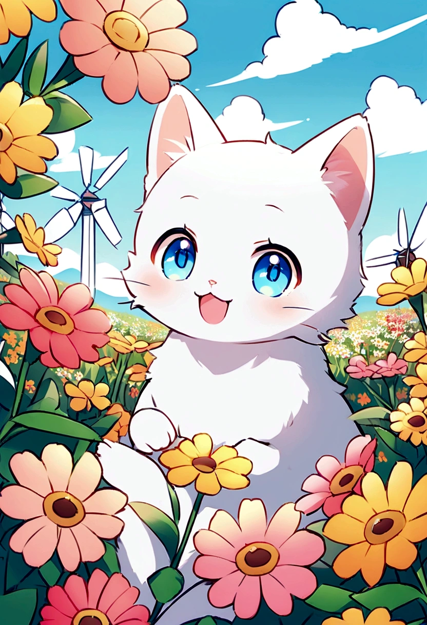 Create a cute illustration of a small white kitten with blue eyes and fluffy fur playing in a flower field. The kitten is smiling and interacting with the flowers. The background is a bright spring day with colorful flowers in bloom, a blue sky with a few clouds, and a distant windmill. Use pastel colors and soft tones to create a bright and happy atmosphere. Include butterflies flying around the flowers.