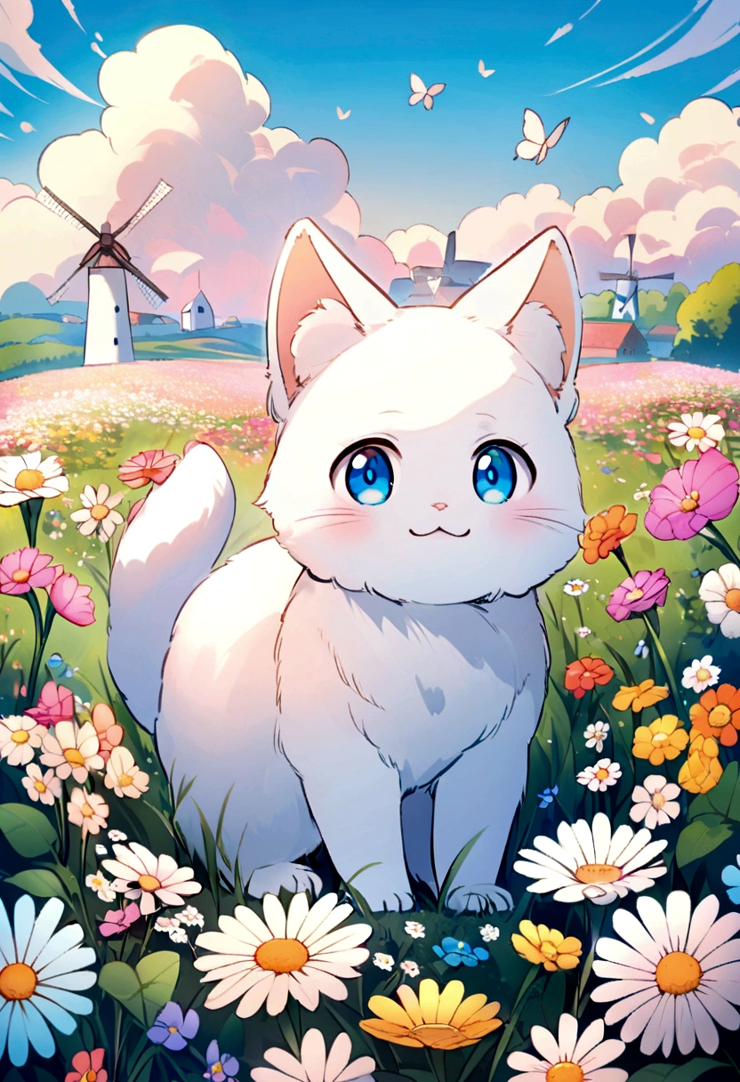 Create a cute illustration of a small white kitten with blue eyes and fluffy fur playing in a flower field. The kitten is smiling and interacting with the flowers. The background is a bright spring day with colorful flowers in bloom, a blue sky with a few clouds, and a distant windmill. Use pastel colors and soft tones to create a bright and happy atmosphere. Include butterflies flying around the flowers.