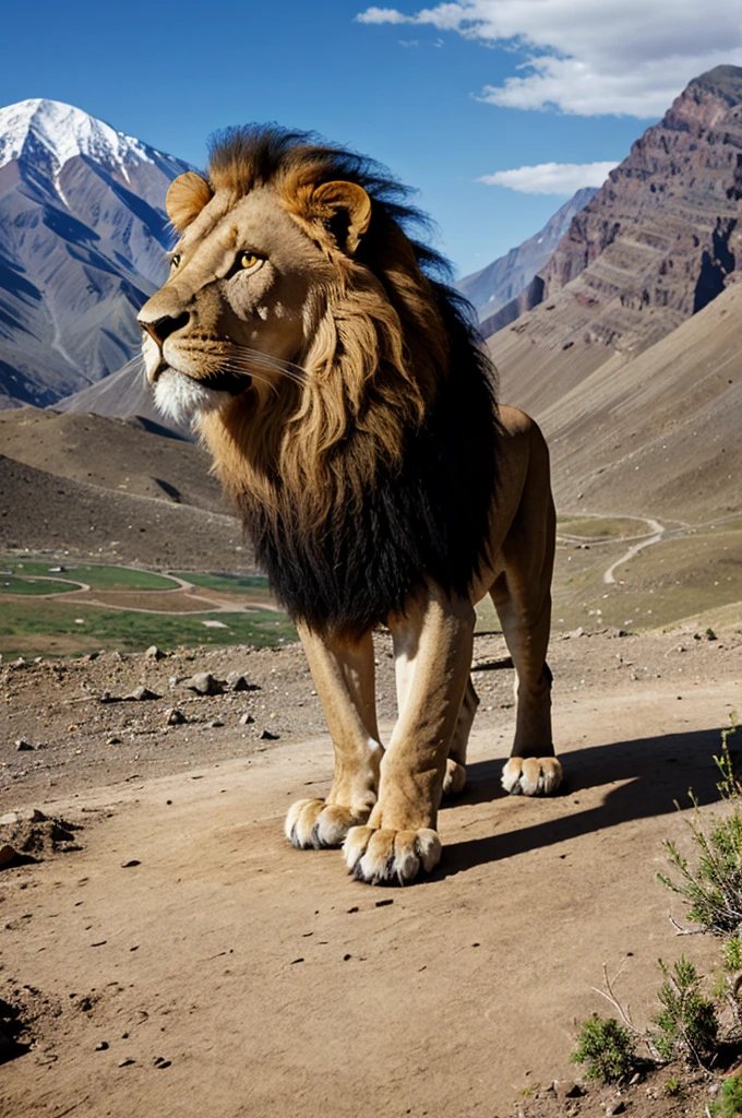 A male lion standing edge of the mountain