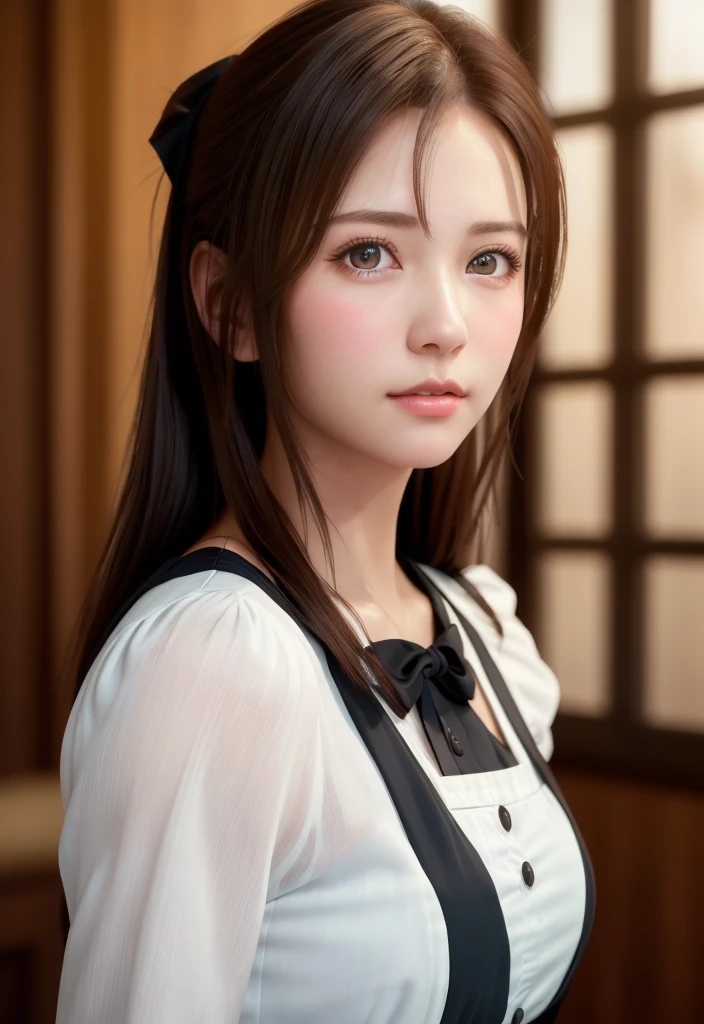 8K, of the highest quality, masutepiece:1.2), (Realistic, Photorealsitic:1.37), of the highest quality, masutepiece, Beautiful young woman, Pensive expression,、A charming、and an inviting look, Cute Maid Clothes, Hair tied back, Cinematic background, Light skin tone