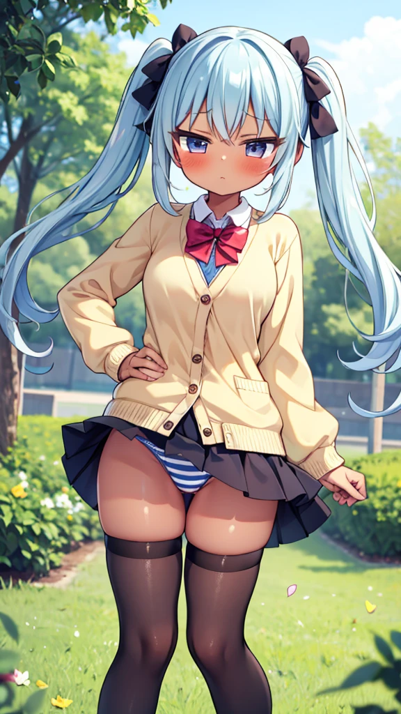 masterpiece, best quality, ultra detailed, 1girl, dark skin, twin tails, pleated skirt, thighhighs, cardigan, show striped panties, skirt fluttering in the wind, put hands hip, blush, aroused, camel toe, 