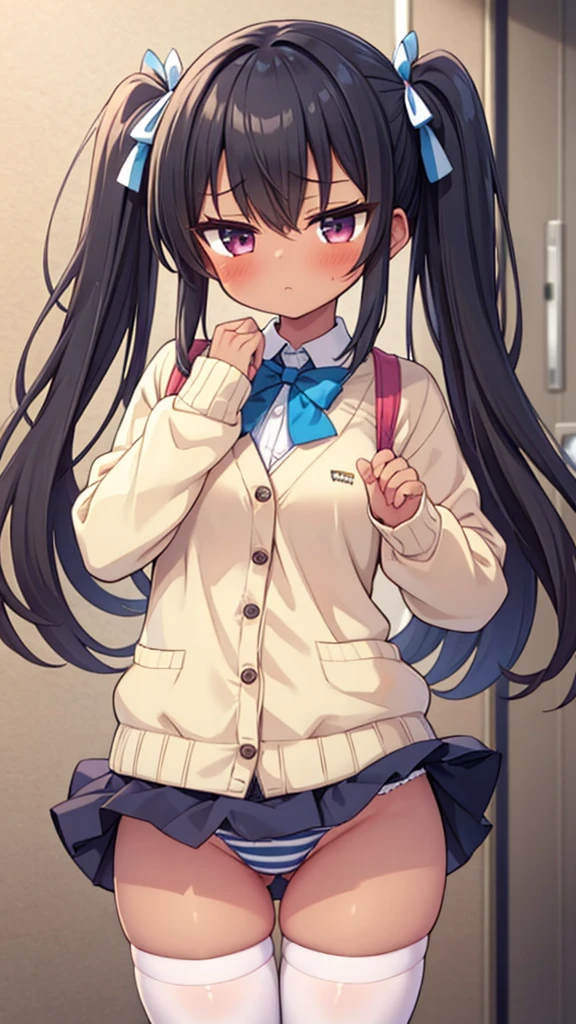masterpiece, best quality, ultra detailed, 1girl, dark skin, twin tails, pleated skirt, thighhighs, cardigan, show striped panties, skirt fluttering in the wind, put hands hip, blush, aroused, camel toe,