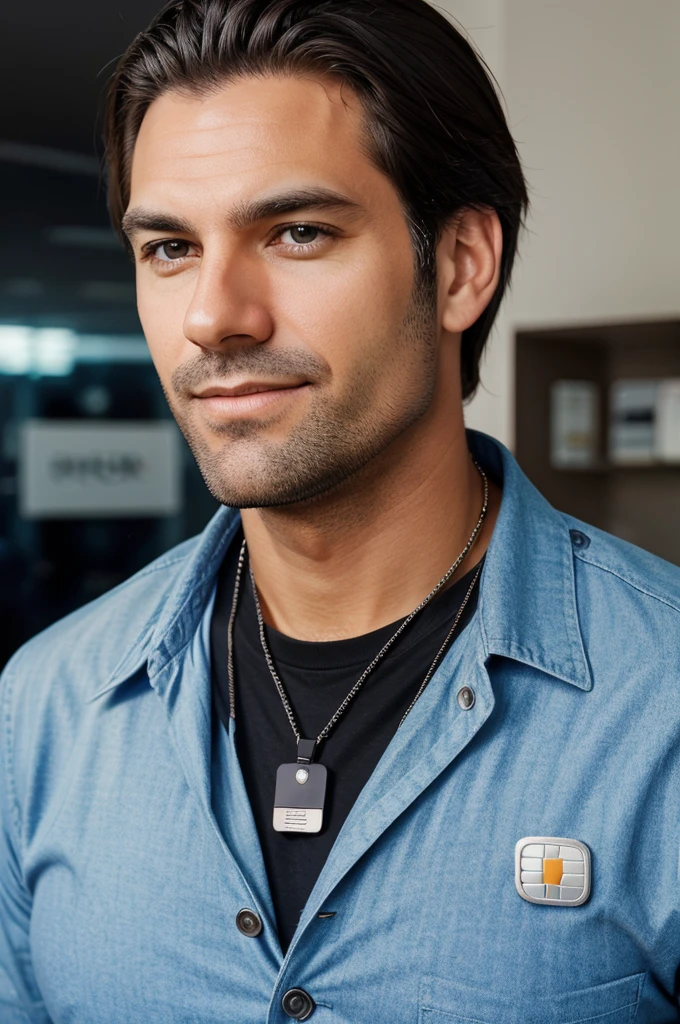 A manager of an American insurance company with the insurance company card around his neck: