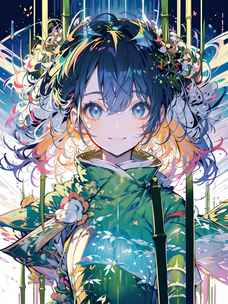 masterpiece、Rainbow Hair、Delicate eyes、smile、Delicate eyes、Hair tied up、Beautiful hair ornaments、kimono、(((bamboo forest)))、whole body