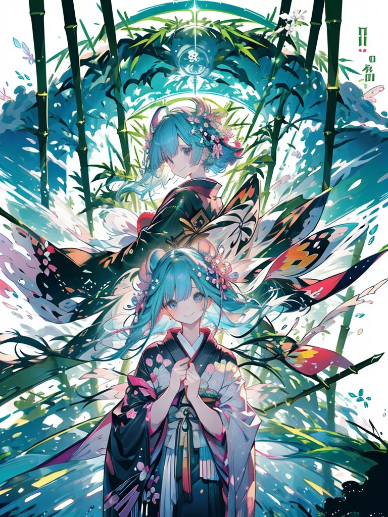 masterpiece、Rainbow Hair、Delicate eyes、smile、Delicate eyes、Hair tied up、Beautiful hair ornaments、kimono、(((bamboo forest)))、whole body