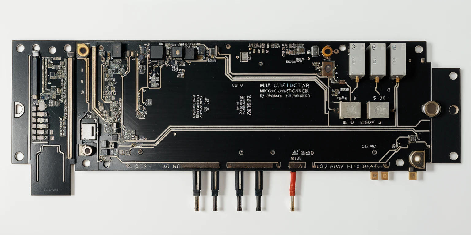 Create an image size 1920x768. Draw a black printed circuit board with microcircuits and white inscription "e_Lectra".