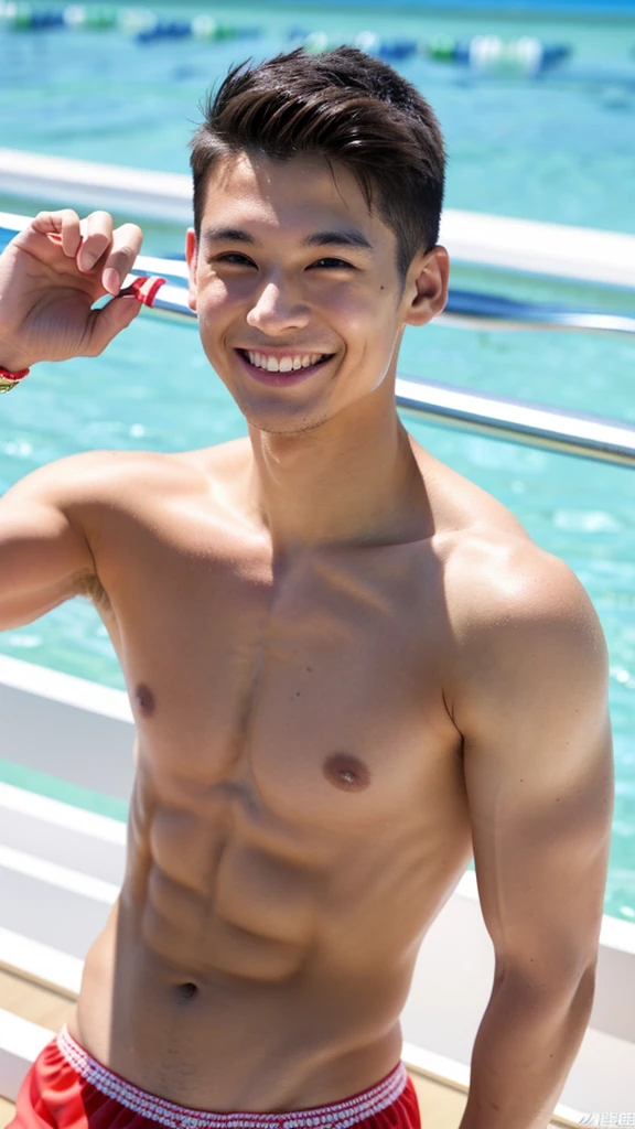 male Age 27 swimwear lifeguard topless smile 脚を開く