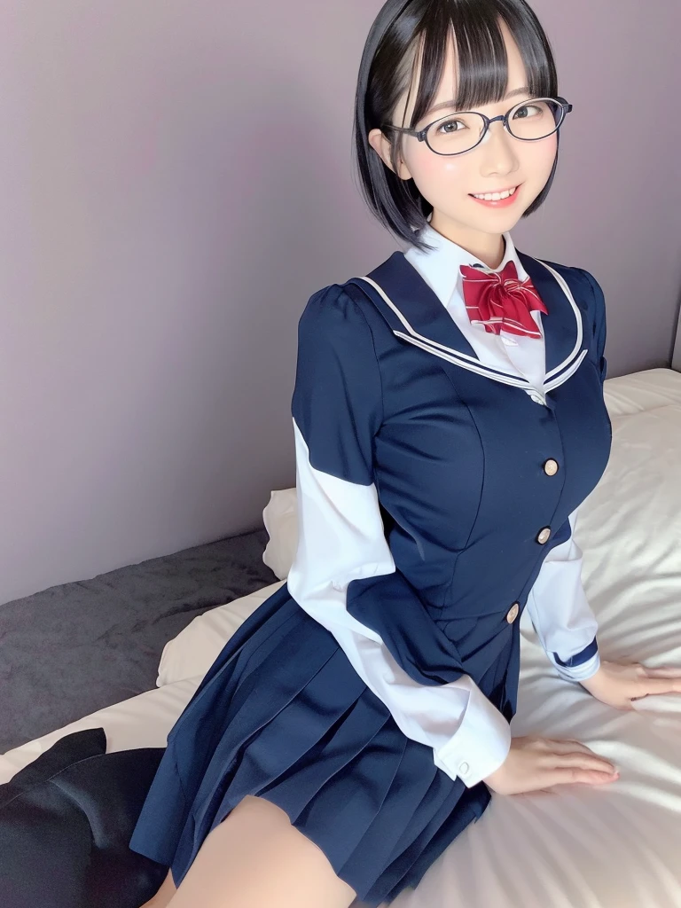 masterpiece、Highest quality、8K、Very detailed、Realistic、Realistic、View your viewers、Black Hair、Simple Background、(smile)、Big Breasts、whole body、 uniform、White shirt with buttons and collar、Navy blue pleated skirt、Red bow tie、Glasses、Erect nipples、Plain face、Short Hair、Lie on your back on the bed、Open your legs wide to the sides、Showing off a beautiful pussy