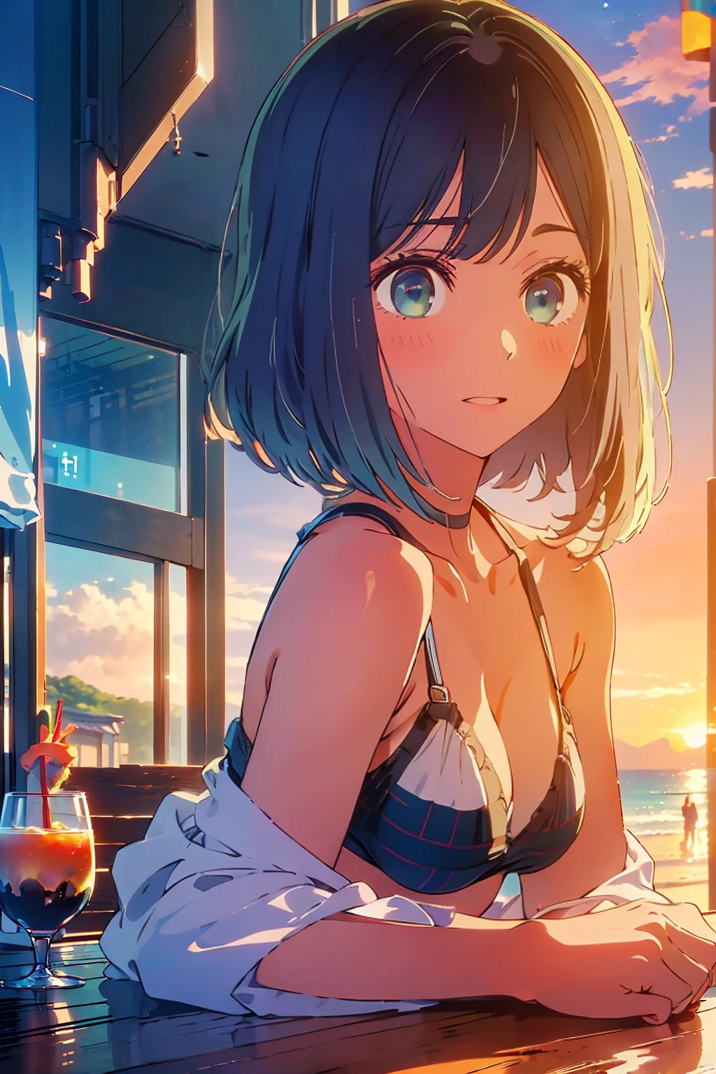(Highest quality:1.4、masterpiece:1.4、Super detailed:1.4、8K:1.4)、F cup bust、Big Breasts、Slim body、((((1 person、Surprised expression、sit、In the background are the urban buildings of Tokyo、looking at the camera、Outdoor café terrace、Navy hair color、bikini、juice、table、Very cute face))))、(Sunset Beach:1.4、sunset:1.4)、Big eyes、((((Shallow depth of field))))、Holding a glass