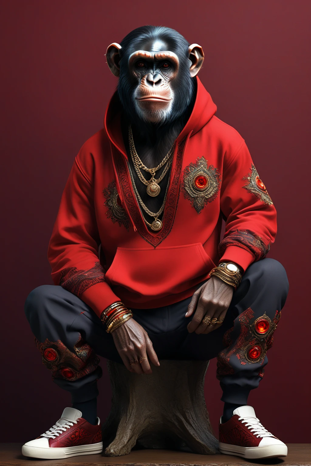 Create a card game design.
The edges will be enclosed by the design, so please keep it at 80% from the centre of the space so that it does not cover the characters.
The atmosphere is dark and suspiciously indirect lighting, textured background
The central character should stand out.
Small faces, full-body images with good modelling style, earthy reds throughout
Poses with movement, cross-legged and nodding off
Exaggerated facial expressions, demonic faces, chimpanzees with wide-open and bloodshot eyes
Impact on face
Lots of jewellery, many rings
Very detailed and realistic, with an in-between human/animal proportion
Overall colour scheme is earthy
Hoodie and jumper embroidered with red colourful abstract patterns
Trousers are bright multi-coloured, with a mix of different patterns and thick trousers
Fashion with a street style finish.
Textures are realistic, finely detailed and fashionably dressed
Stylish red, colourful sneakers are worn.
Dark, cool, bright red background, evon.
Real, 8K,.