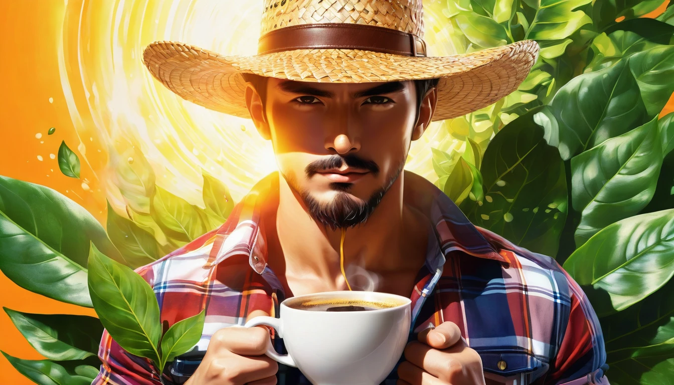 Create a vibrant, colorful image that represents the strength of coffee, in an anime style. In the center, place a steaming cup of coffee with a liquid of deep, rich color, emanating an energetic aura. Behind the cup, add a muscular country man style man, with a plaid shirt and straw hat to symbolize the energy and vitality provided by coffee. Around the cup and the man, include elements like bright coffee beans and fresh green leaves. Incorporate rays of golden light radiating from the cup to reinforce the feeling of energy. The background should be a kaleidoscope of bright colors like red, orange, yellow and green, creating a feeling of dynamism and power. The image should convey the idea that coffee is a powerful source of energy and revitalization, with an anime stylistic touch.