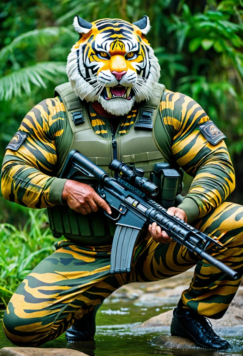 (a dark-skinned bearded fat muscular old man in a bulky army camouflage zipper diver suit), and (wearing realistic roaring siberian tiger mask) and crouching shooting with sniper rifle, muscular, Bruce Onobrakpeya, sumatraism, stanley artgermm, action, heroic, fierce, furious