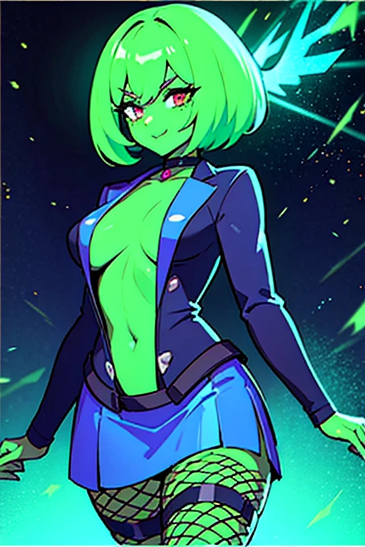 Develop a detailed illustration of a woman with a villainous expression and a green aura surrounding her. The character should be a small young woman with vibrant short green hair. Her face should display a malicious smile, with penetrating red eyes that exude malice. Her skin should be covered with freckles and have green paint drips running down her body and hair, creating an intriguing effect.She should be wearing a blue top with a pronounced neckline, highlighting the sensuality of her look. The blue mini skirt should be adorned with glitter details, reflecting a shimmering glow. Add fishnet stockings to complement her bold style. The choker should be black, tightly fitted around her neck, accentuating the character's dark elegance.Her arms should be thin and delicate, with long and elegant fingers. Her waist should be narrow, enhancing her curvaceous silhouette. Medium-sized thighs should contrast with the thinness of her arms and waist, providing a visual balance. The green aura around her body should be luminous and ethereal, adding a supernatural touch to the illustration.Ensure that the details of the fishnet stockings, the glitter on the mini skirt, and the freckles are sharp and well-defined, creating a cohesive and visually appealing image. The character should exude a sense of power and malice, capturing the essence of a charming and dangerous villainess.