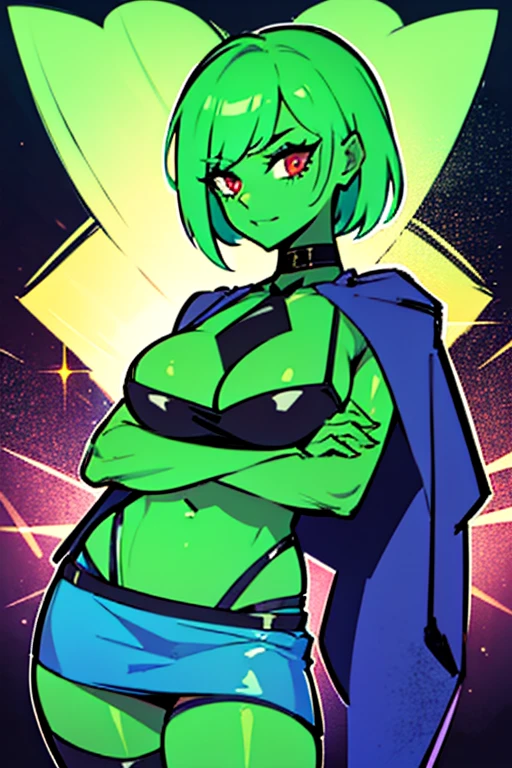 Develop a detailed illustration of a woman with a villainous expression and a green aura surrounding her. The character should be a  young woman with vibrant short green hair. Her face should display a malicious smile, with penetrating red eyes that exude malice. Her skin should be covered with freckles and have green paint drips running down her body and hair, creating an intriguing effect.She should be wearing a blue top with a pronounced neckline, highlighting the sensuality of her look. The blue mini skirt should be adorned with glitter details, reflecting a shimmering glow. Add fishnet stockings to complement her bold style. The choker should be black, tightly fitted around her neck, accentuating the character's dark elegance.Her arms should be thin and delicate, with long and elegant fingers. Her waist should be narrow, enhancing her curvaceous silhouette. Medium-sized thighs should contrast with the thinness of her arms and waist, providing a visual balance. The green aura around her body should be luminous and ethereal, adding a supernatural touch to the illustration.Ensure that the details of the fishnet stockings, the glitter on the mini skirt, and the freckles are sharp and well-defined, creating a cohesive and visually appealing image. The character should exude a sense of power and malice, capturing the essence of a charming and dangerous villainess.