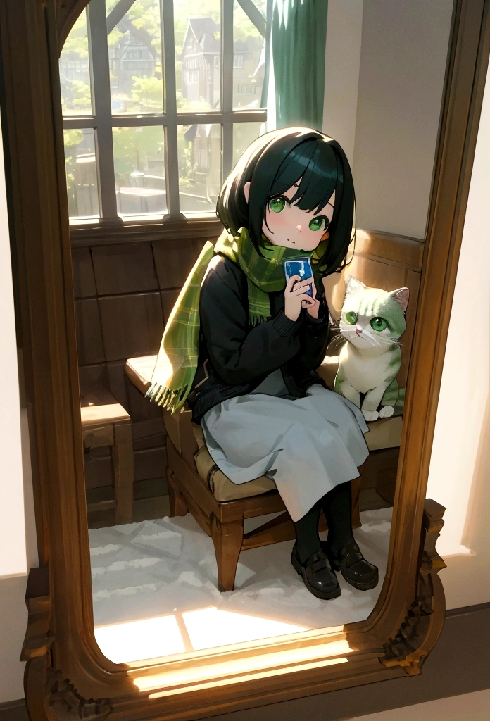 Sitting by the window at the owner&#39;s house、Wearing a green scarf and holding a photo frame、Anthropomorphic Scottish Fold cat「Lily」。The background is a quiet town at dusk。Lilyはメランコリックな表情で窓の外を見つめている。The scene is depicted in 3D, Pixar character style.。