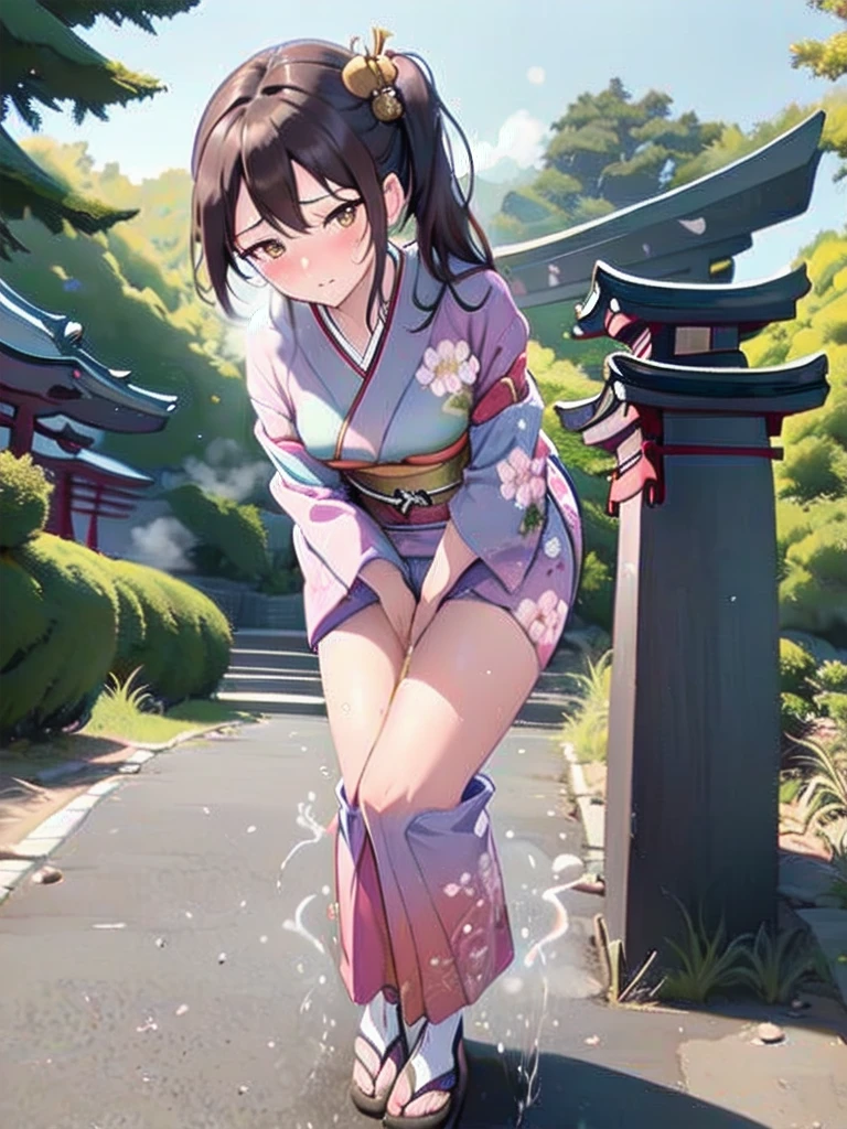 nsfw, (masterpiece, top quality, best quality, highly detailed:1.6), extremely detailed CG unity 8k wallpaper, (1 woman standing on the shrine, outdoor, Pastel Colors kimono:1.5), (Maxi Length), strong facial expression, (sharp eye:1.2), (scowl:1.1), (embarrassed,blush:1.3), (steam:1.5), (wet:1.1), (sweat:1.1), (trembling:1.3), (parted lips:1.4), (harf open eyes:1.5), (feeling weak:1.5), (shoot from front, looking at viewer:1.2), (leaning forward,close knees, hands between legs, pee running down legs:2), (((clutching crotch))), Sandals, (long hair, Brown hair, low ponytail:1.4), (woman trembling with sexual climax:1.5), colorful, full body, wide shot, perfect composition, (Crossing legs, Touching the crotch:1.7), urination, incontinence, piss, peeing self, A lot of pee, pee running down legs, (((pee stream))), (pee puddle), wetting herself, peeing, blush, trembling, embarrassed, large breasts, Yellow pee, ((leaking pee)), Shaking one's shoulders, Breaking a sweat on forehead, puddle of pee, Pee at your feet, Pee spread on the floor, (Pee stains), Feet wet from pee, Pee-covered feet, Pee at your feet, want to pee, about to pee, Full bladder, Pee-soaked kimono, Pee-soaked ankle socks, Pee-soaked sandasls, natural makeup,