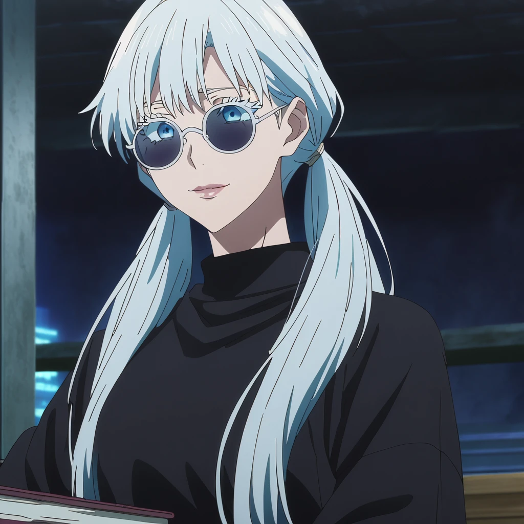 1girl, female gojo satoru, anime screencap from jujutsu kaisen, gojo satoru female version, solo, very long_hair, ((twintail)) blue eyes, ((white eyelashes)), ((very long white_hair)), night view, breasts, upper_body, smile, indoors, book, bangs, blue_eyes, lips, (wearing round sunglasses)  wearing black color sweater, breast, "very detailed and high resolution" (blue eyes) ((smooth texture hair)) ((solo)) ((high resolution)) (Good quality),((front view))