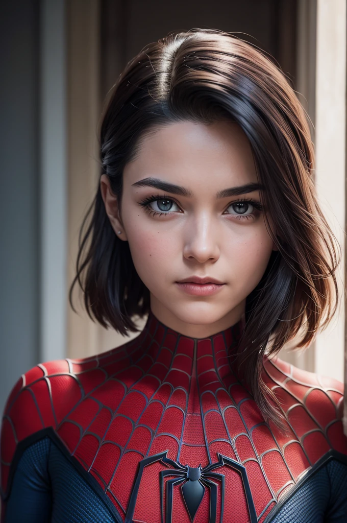 A photograph of Spider-Man, without mask, the 20s, bonitas, face detailed, looking at the camera, portraite, 8k hd, high qualiy