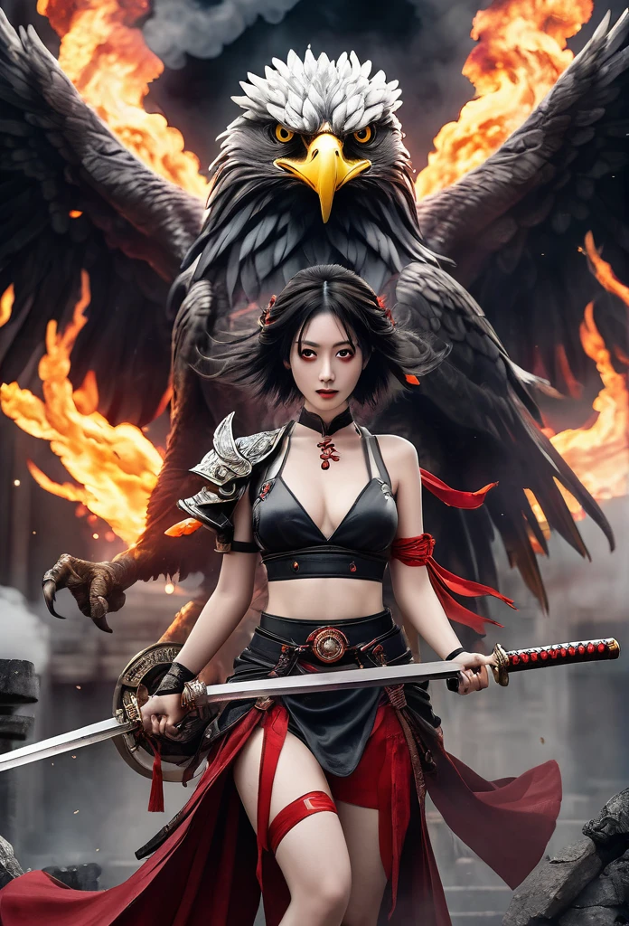 full body of a blood girl, and a huge fire eagle, made of smoke, wearing a warrior outfit complete with armor floating around the ruins of an ancient temple, inspired by Japanese gods, carrying a huge divine sword, temple background, Japan, dark, vibes horror, gothic, smoke, fire, big add some big snakes behind, Japanese mythical gods, evil smile, crazy eyes, eye patch, fuji color, high detail, high quality, accurate