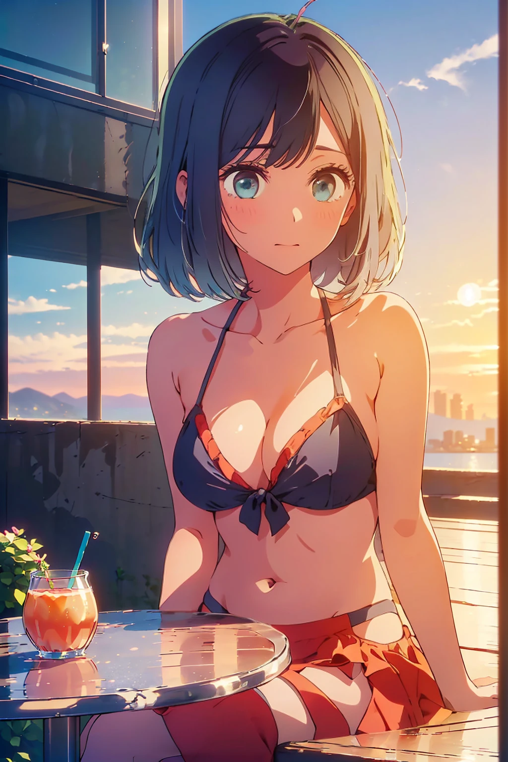 (Highest quality:1.4、masterpiece:1.4、Super detailed:1.4、8K:1.4)、F cup bust、Big Breasts、Slim body、((((1 person、Surprised expression、sit、In the background are the urban buildings of Tokyo、looking at the camera、Outdoor café terrace、Sunset Beach、Navy hair color、Leaning against a wall、juice、table、sunset、Very cute face))))、((nude、Areola、bikini size too small))、A completely cloudless sky、Big eyes、((((Shallow depth of field))))、Holding a glass