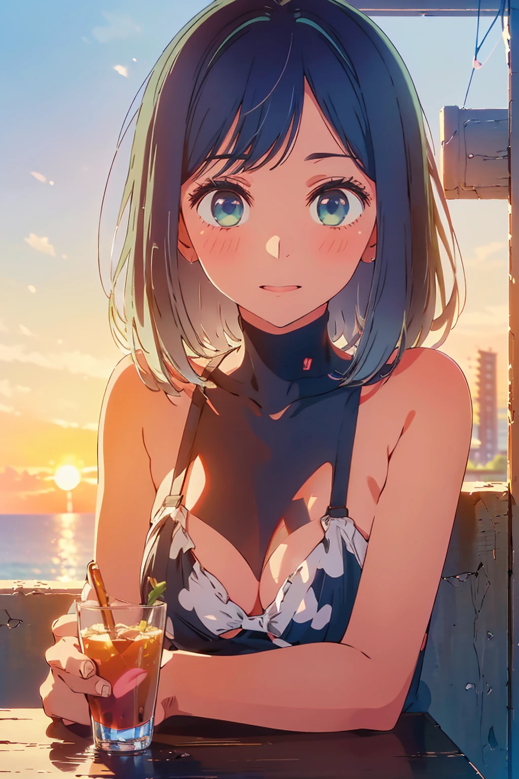 (Highest quality:1.4、masterpiece:1.4、Super detailed:1.4、8K:1.4)、F cup bust、Big Breasts、Slim body、((((1 person、Surprised expression、sit、In the background are the urban buildings of Tokyo、looking at the camera、Outdoor café terrace、Sunset Beach、Navy hair color、Leaning against a wall、juice、table、sunset、Very cute face))))、((nude、Areola、bikini size too small))、A completely cloudless sky、Big eyes、((((Shallow depth of field))))、Holding a glass
