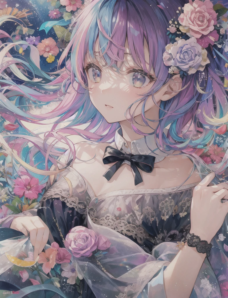 Dreamy, dreamy cute, pale, Haze, (masterpiece, Highest quality, Highest quality, watercolor (Moderate), Upper Body, kiss, Lesbian, Lolita Fashion, pattern, break, (Rainbow Hair: 1.2), break, Soap bubble, Rainbow behind, cloud, colorful, Soap bubble, Spread throughout, cute, pastel, cute room, Rainbow Unicorn Plush Toy, Sleeping in bed