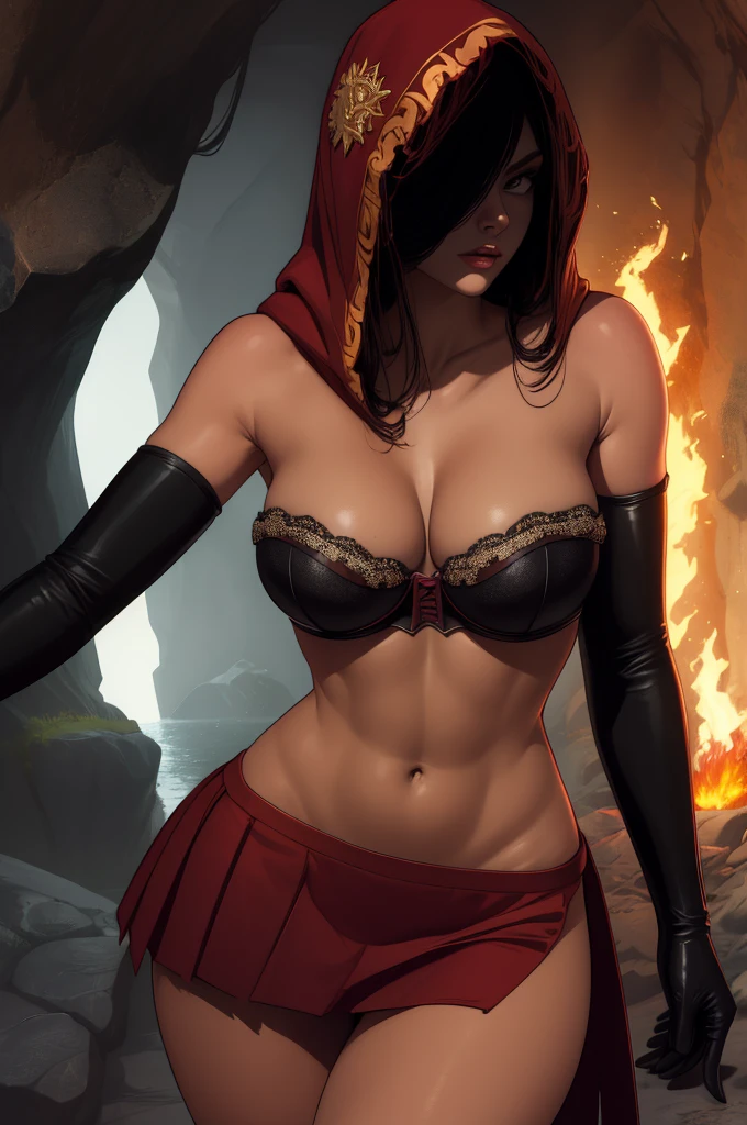 Dsorceress, shadowy face,dark cave, fire, hood, shadowed face, strapless bra, slim and athletic body, miniskirt, no panty, elbow gloves, dark skin, 1 girl (insanely detailed, masterpiece, best quality)