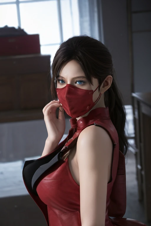(masterpiece, best quality), 1 Girl , claireredfield2, in school, Wearing a mask, wear glasses