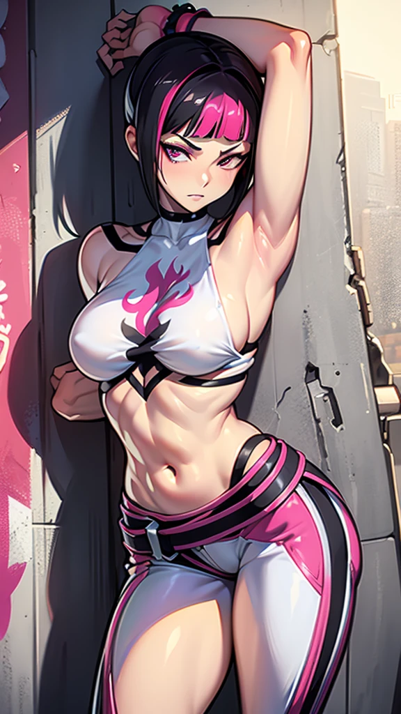 Juri Han,Masterpiece, Best Quality, 1girl, report, crop-top, jean shorts, Choker, (graffiti:1.aint splatter, (Hands Behind Your Back), Against a wall, looking a viewer, A bracelet, thigh strap, Paint on the body, tilt of head, bored, fiery hair color, Rainbow-colored eyes,juri han,olhar malvado
