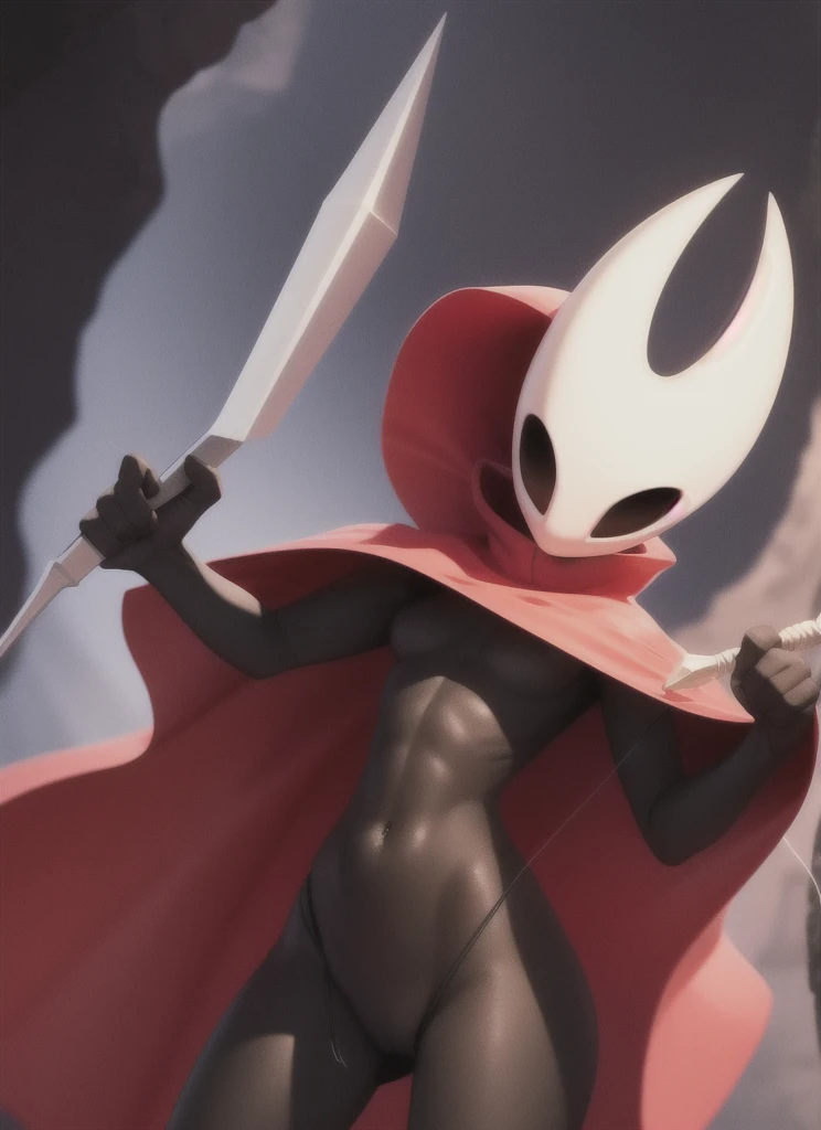 hornet, cute, chibi, no feet, furry girl, slim,anthro, needle weapon, thread, standing, solo,open red cloak, (best quality), (detailed dark cave background:1.2), looking at viewer, holding weapon, flat colors, medium breasts, no nipples, no vagina, sexy body, abs