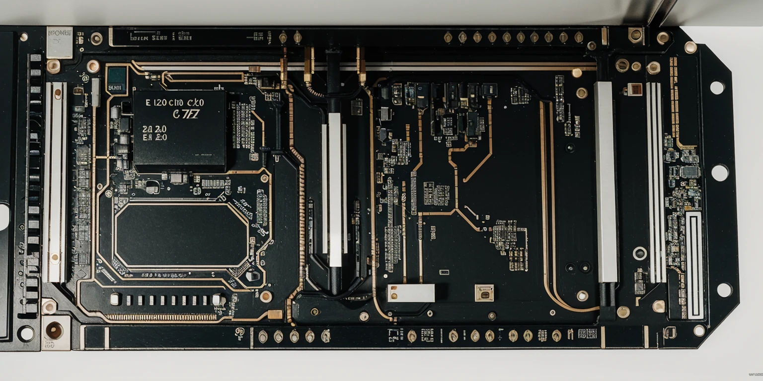 Create an image size 1920x768. Draw a black printed circuit board with microcircuits and white inscription "e_Lectra".