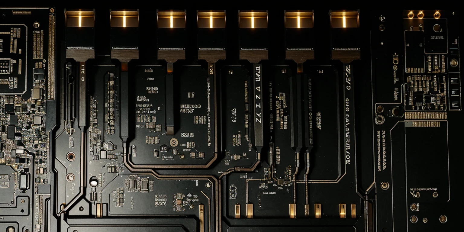 Create an image size 1920x768. Draw a black printed circuit board with microcircuits and white inscription "e_Lectra".