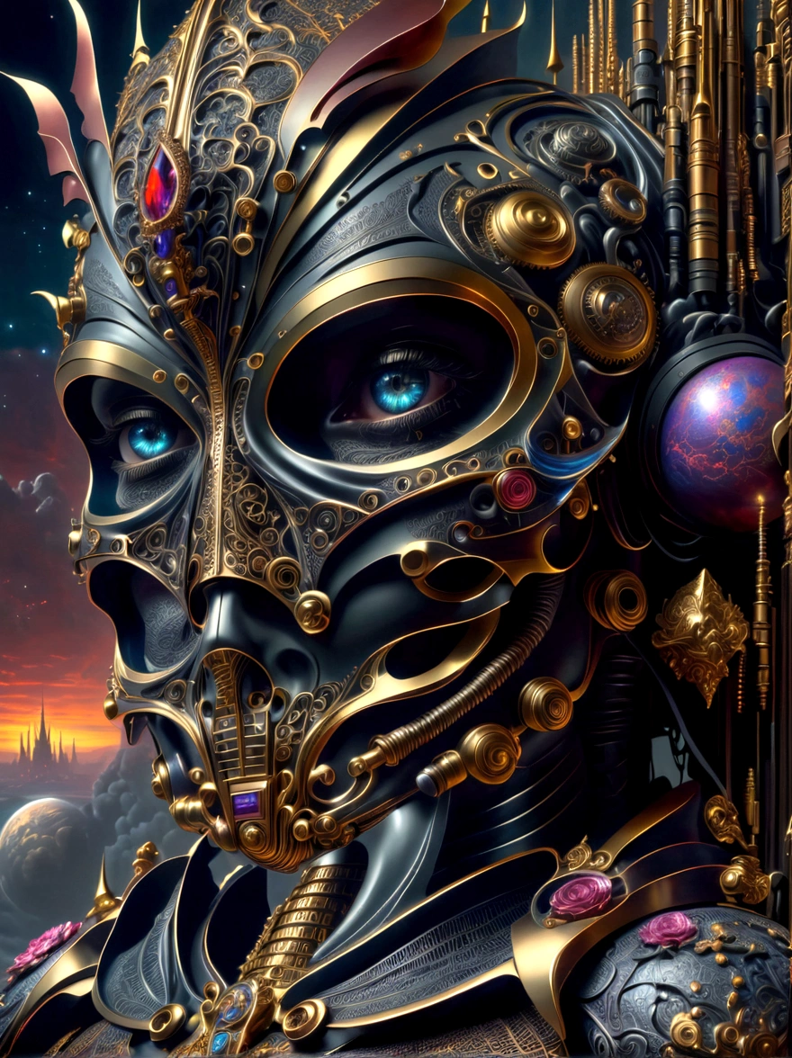 A detailed depiction of a gothic, sci-fi universe. A broad landscape stretches before us, with towering, spire-like structures rising to the sky, reminiscent of cathedral architecture, but on a grand, otherworldly scale. There's a dark, foreboding sky above filled with colossal, alien structures and spaceships. In the foreground, we see several armored humanoid figures, diverse in gender and race, donned in powerful, bulky suits of armor, embellished with symbols of their causes. Their weapons are menacing and elaborate, signifying the raw destructive power at their disposal. They stand firm, ready for the battles ahead.
