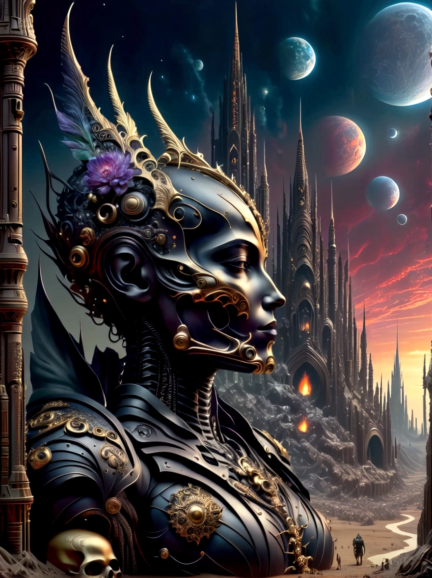 A detailed depiction of a gothic, sci-fi universe. A broad landscape stretches before us, with towering, spire-like structures rising to the sky, reminiscent of cathedral architecture, but on a grand, otherworldly scale. There's a dark, foreboding sky above filled with colossal, alien structures and spaceships. In the foreground, we see several armored humanoid figures, diverse in gender and race, donned in powerful, bulky suits of armor, embellished with symbols of their causes. Their weapons are menacing and elaborate, signifying the raw destructive power at their disposal. They stand firm, ready for the battles ahead.